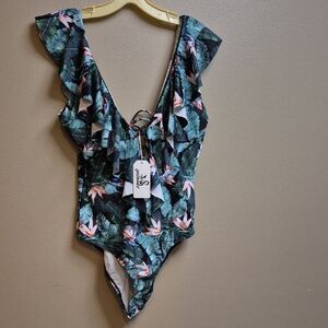 Tropical Print Ruffle One Piece Swimsuit